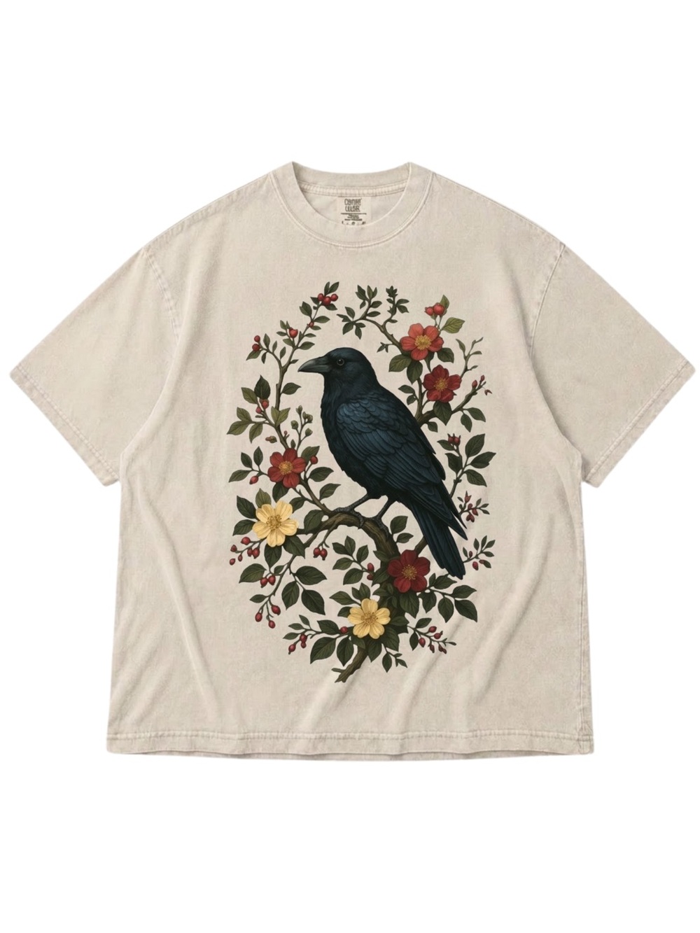 Comfort Colors Ivory Tee with Black Raven & Floral Motif